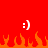 Red background with orange flames at bottom and two white smiley faces above them.