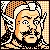 Pixelated static icon of a historical figure with orange hair and beard, wearing an orange checkered headpiece against a matching background grid.