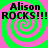 Four identical display 'Alison ROCKS!!!' text over green and pink spiral backgrounds with pixelated black lettering