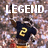 Pixelated image with 'LEGEND' text above a figure in dark clothing holding a yellow '2' symbol against a blurred background.