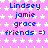 Static image with pink background and white stars, displaying repeated text in blue: 'Lindsey', 'jamie', 'grace', 'friends =)'