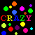 Pixelated static image with colorful shapes and text on black background