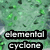 Green and white pixelated background with two black text boxes containing 'elemental' and 'cyclone' in white lowercase letters.