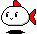 A 4-frame pixel art animation of a white fish-like character with red fins and black eyes, displayed in a contact sheet layout on a gray background.
