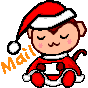 Pixelated cartoon monkey in Santa outfit with closed eyes, pink cheeks, and mustache; two versions show different 'Mail' text colors.