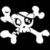Pixelated white skull and crossbones on black background, rendered in low-resolution 8-bit style with visible dithering.