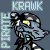 Pixelated dragon head with blue-gray scales, yellow eyes, and black-and-white patterned mane; text 'KRAWK' above and below the figure on a dark gray background.