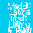 Pixelated text 'Maddy Latins Nicole Lanna Fr. Ralou' on blue background with green horizontal bars, animated text shifts position across frames.