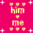 Pixelated pink background with yellow text 'him' and 'me' arranged in vertical , surrounded by yellow hearts and white stars