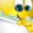 Yellow cartoon character with large blue eyes and a wide open mouth, set against a white background with light blue and green accents.