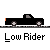 Pixelated black pickup truck with orange taillights and gray wheels on a gray background, labeled 'Low Rider' in white text below.
