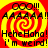 Four identical of a red and yellow spiral background with black text reading 'OOO!!! AAAAA! HeheHaha! I'm weird!' in pixelated font