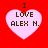 Four identical pixelated heart-shaped icons with text "I LOVE ALEX N." on a red background, each heart has a different shade of pink fill.