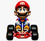 Mario in red cap and blue overalls sits in a red go-kart with black tires, yellow rims, and visible exhaust pipes across multiple poses.