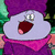 A cartoon character with purple hair and a pink scarf appears in two stacked , mouth open wide as if shouting