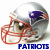 Silver football helmet with red face mask and purple logo, labeled 'PATRIOTS' in blue text below.