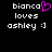 Pixelated text reads 'bianca loves ashley :]' with a pink heart symbol replacing the letter 'a' in 'bianca', displayed on black background.