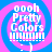 Four identical circular icons with pink and blue spiral backgrounds display white text reading 'oooh Pretty Colors' above a of horizontal bars, each ending in a smiley face
