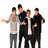 Four pixelated figures stand closely together against a white background, each wearing dark caps and casual clothing with varied colors.