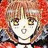 Pixelated anime-style character with large eyes and a small mouth, set against a red and brown background.