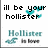 Pixelated text and icons on a white background with teal accents, featuring 'Hollister' branding and heart symbols.