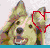 Pixelated close-up of a dog's face with light brown fur, dark eyes, and a black nose against a pale background. A red outline traces the right ear shape.