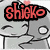 Animated pixel art of two gray cartoon characters with closed eyes and pink hearts, displaying 'shieko' text in red outlined font across different poses.