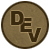 Circular brown icon with pixelated 'Dev' text in dark brown and light brown tones on a gray background.