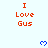 Pixelated orange text "I Love Gus" repeats across light blue background with scattered blue heart symbols, some hearts animated to pulse or change shape.