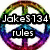 Pixelated circular icon with rainbow gradient border, black text boxes containing 'Jakes734' and 'rules' over white background.