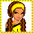 Pixel art of a character with long brown braided hair, yellow headband, and yellow top against white background; adjacent show text on dark gray backgrounds