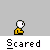 Pixelated character in yellow shirt with white head, showing scared expression across with changing text bubbles and symbols