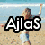 A woman in light blue denim shorts and a white top appears in three different outdoor settings with the text "AjlaS" overlaid.