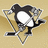 A penguin hockey player icon with a black and white body, gray gloves, and crossed hockey sticks inside a silver triangle on a beige background.