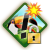 Pixelated diamond-shaped icon with green border, blue sky, yellow sunburst, black rectangular shapes, white circular shape, and yellow square with black keyhole.