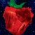 Pixelated red fruit icon with green stem on dark background, likely a strawberry or tomato rendered in low-resolution digital art style.