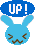 Pixelated blue bunny head with closed eyes and brown mouth, two versions showing different speech bubbles: one blue bubble with 'UP!' text, the other light purple bubble with a blue heart symbol.