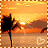 Pixelated sunset scene with palm tree silhouette, orange-yellow sky gradient, and white heart symbol on sandy beach.
