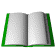 Animated sequence of an open book with green borders, pages flipping through various states from fully open to folded and closed.