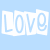 A 4x4 contact sheet of animated frames showing a sequence of text fragments forming the phrase "LOVING NO ONE" on a light blue background with white cutout letters.