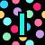 Pixelated icon with colorful dots, a cyan vertical bar, and text elements on black background.