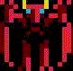 Pixelated red devil figure with yellow horns and blue eyes, shown in four distinct poses across two against black background