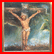 Static image of a crucifixion scene with a figure on the cross against a cloudy sky background.