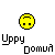 A static pixel art icon featuring a yellow circular face with black eyes and a curved mouth above stylized text reading 'Uppy' and 'Domua' on a gray background.