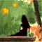 Animated scene with falling yellow leaves, dark tree silhouettes, and a figure in orange pants on a green background.
