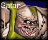 Pixelated static image of a cartoonish demonic face with exaggerated features, yellow vertical bar on left, and "Satan" text overlay in white.