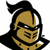 Pixelated UCF Knights mascot icon with golden knight helmet, black cape, and 'UCF' text below, rendered in gold, black, and white.