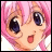 Pixelated anime-style character with pink hair and large blue eyes, mouth open in surprise, next to stylized text on black background.