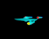 Animated turquoise spaceship with red sensor domes and yellow engine glow rotates clockwise against black background.