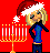 Pixelated holiday-themed buddy icon featuring a blonde woman in blue attire wearing a Santa hat next to a menorah on a red background.